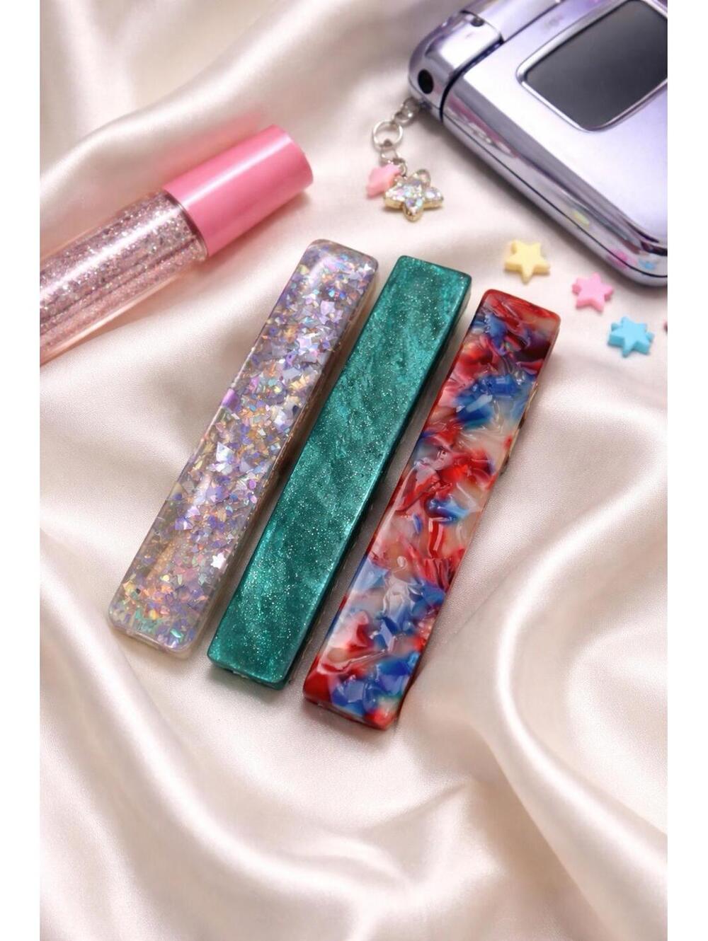 Multicolor Confetti Shimmer Acrylic Hair Barrettes Set of 3 French Clip Style